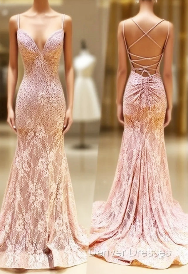 Unique Pink Long Mermaid Open Back Lace Dress, Senior Prom Dress Main image
