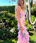 Unique Pink Ruffles Long Prom Dress Evening Dress
