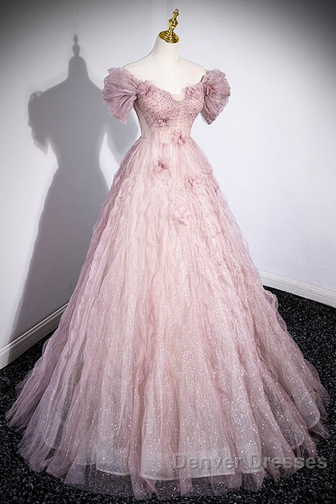 Unique Powder Blusher Pink Glitter Sequins Off Shoulder Rhinestone Applique Short Sleeve Prom Dress Powder Blusher Pink A-Line Princess Backless Strap Long Evening Dress Secondary image