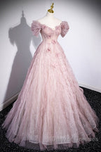 Unique Powder Blusher Pink Glitter Sequins Off Shoulder Rhinestone Applique Short Sleeve Prom Dress Powder Blusher Pink A-Line Princess Backless Strap Long Evening Dress