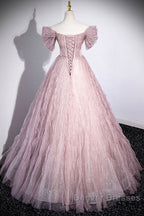 Unique Powder Blusher Pink Glitter Sequins Off Shoulder Rhinestone Applique Short Sleeve Prom Dress Powder Blusher Pink A-Line Princess Backless Strap Long Evening Dress