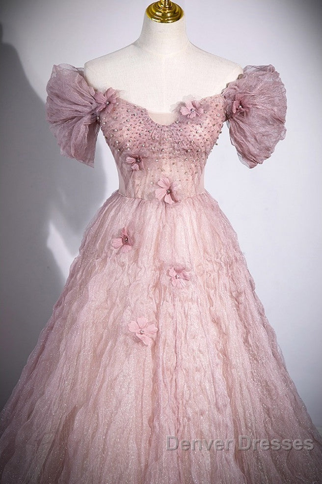Unique Powder Blusher Pink Glitter Sequins Off Shoulder Rhinestone Applique Short Sleeve Prom Dress Powder Blusher Pink A-Line Princess Backless Strap Long Evening Dress