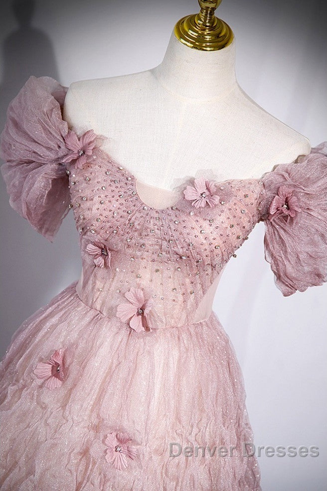 Unique Powder Blusher Pink Glitter Sequins Off Shoulder Rhinestone Applique Short Sleeve Prom Dress Powder Blusher Pink A-Line Princess Backless Strap Long Evening Dress