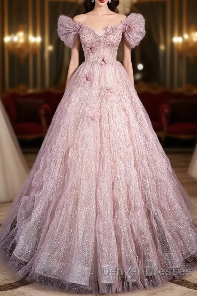 Unique Powder Blusher Pink Glitter Sequins Off Shoulder Rhinestone Applique Short Sleeve Prom Dress Powder Blusher Pink A-Line Princess Backless Strap Long Evening Dress Main image