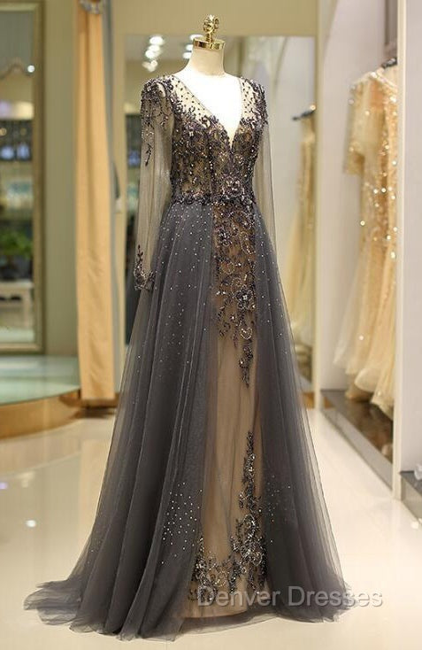 Unique Prom Dress Long Sleeves Tulle V-Neck Neckline Floor-Length A-Line,Evening Dress, Formal Dress