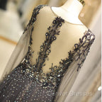 Unique Prom Dress Long Sleeves Tulle V-Neck Neckline Floor-Length A-Line,Evening Dress, Formal Dress