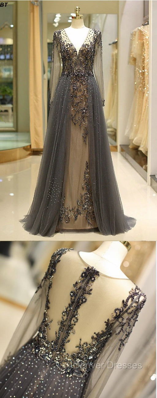 Unique Prom Dress Long Sleeves Tulle V-Neck Neckline Floor-Length A-Line,Evening Dress, Formal Dress