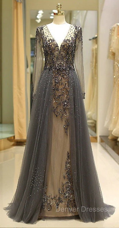 Unique Prom Dress Long Sleeves Tulle V-Neck Neckline Floor-Length A-Line,Evening Dress, Formal Dress