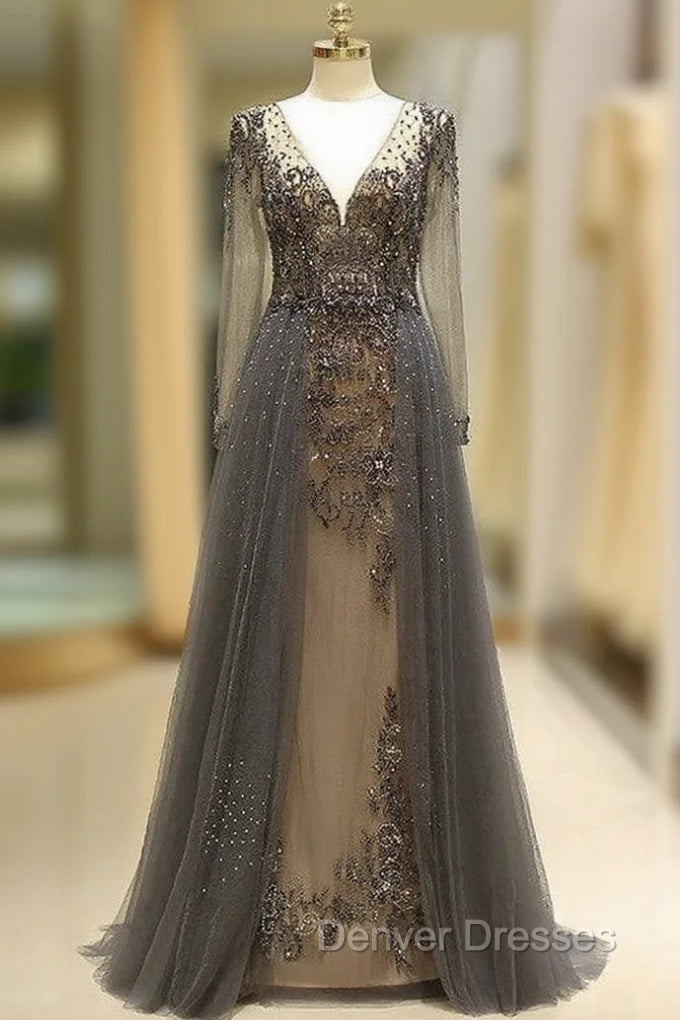Unique Prom Dress Long Sleeves Tulle V-Neck Neckline Floor-Length A-Line,Evening Dress, Formal Dress Main image