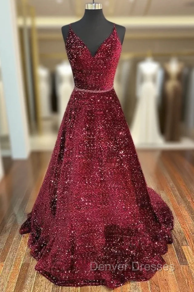 Unique Prom Dress, A-line V Neck Spaghetti Straps Long/Floor-Length Velvet Sequins Prom Dress With Beading