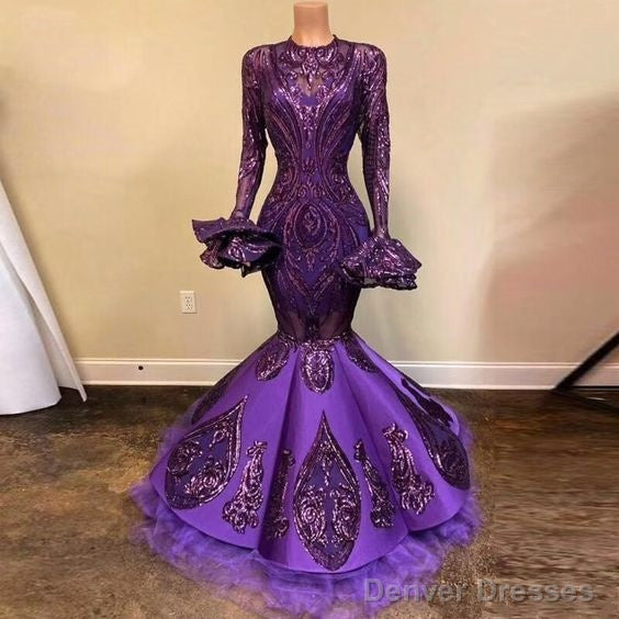 Unique Purple Long Sleeves Sequins Lace Mermaid Prom Dresses, Shinning Formal Evening Party Dress Main image