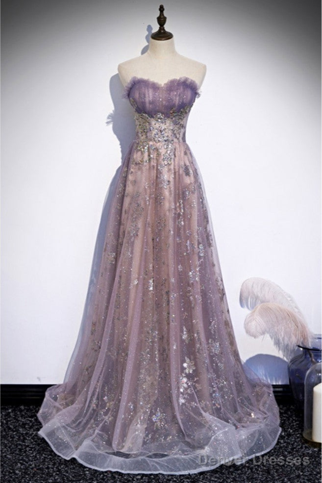 Unique Purple Tulle Prom Dress with Sparkly Sequins Main image