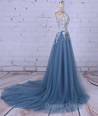 Unique Round Neck Applique Tulle Long Prom Dress, Tulle Evening Dress