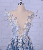 Unique Round Neck Applique Tulle Long Prom Dress, Tulle Evening Dress
