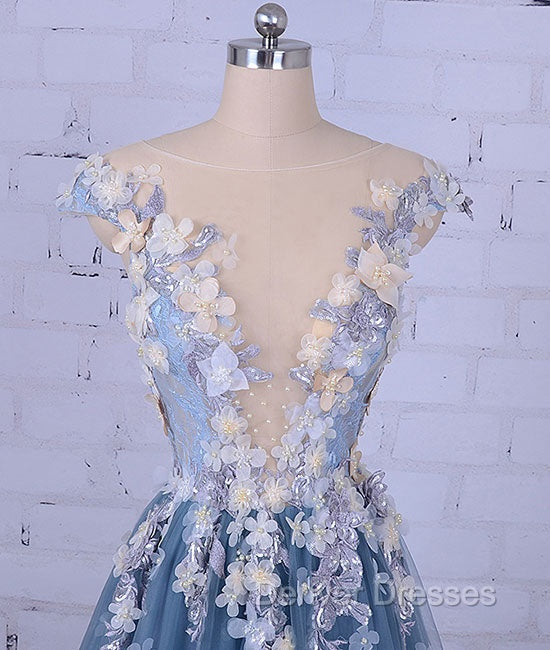 Unique Round Neck Applique Tulle Long Prom Dress, Tulle Evening Dress