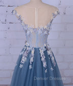 Unique Round Neck Applique Tulle Long Prom Dress, Tulle Evening Dress