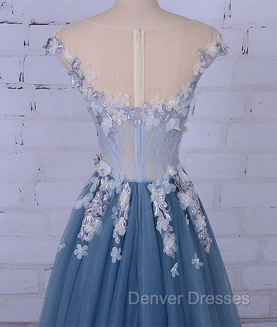 Unique Round Neck Applique Tulle Long Prom Dress, Tulle Evening Dress