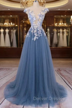 Unique Round Neck Applique Tulle Long Prom Dress, Tulle Evening Dress