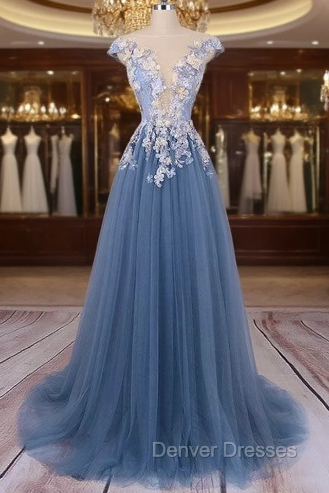 Unique Round Neck Applique Tulle Long Prom Dress, Tulle Evening Dress