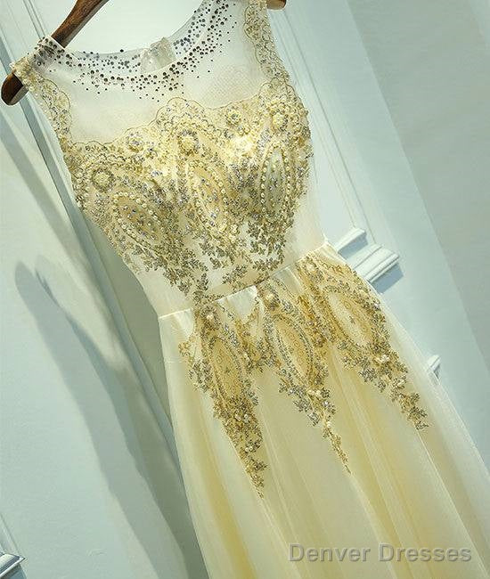 Unique Round Neck Lace Tulle Long Prom Dress, Evening Dress