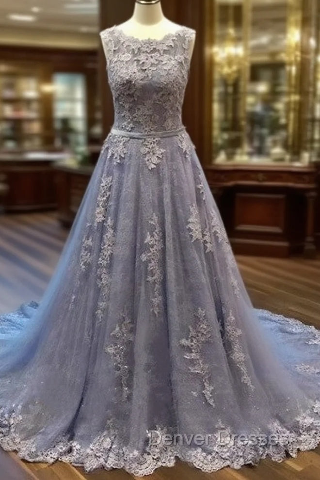 Unique Round Neck Lace Tulle Long Prom Dress, Lace Evening Dress Main image