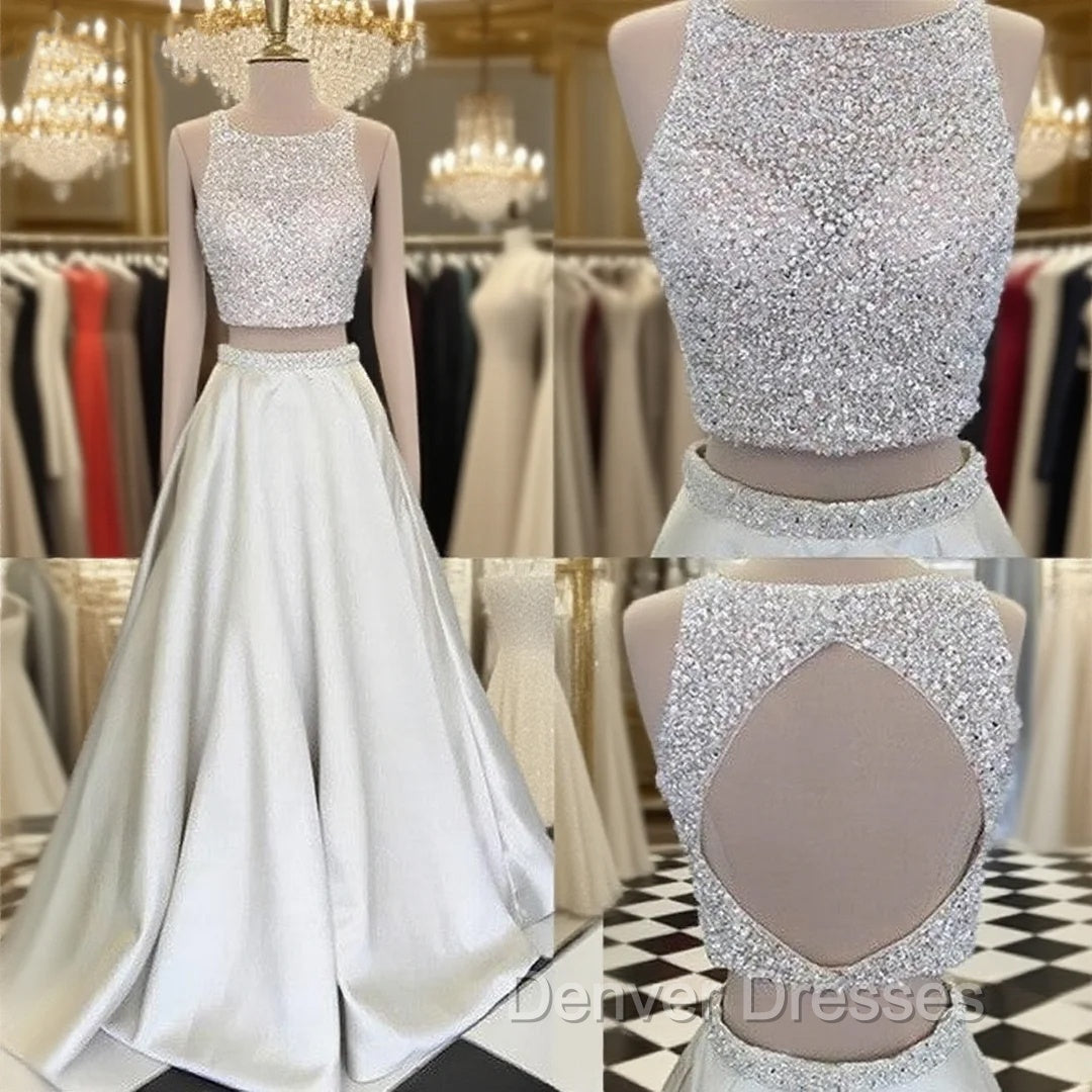 Unique Round Neck Sequin Prom Dress, Two Pieces Long Evening Dress Main image