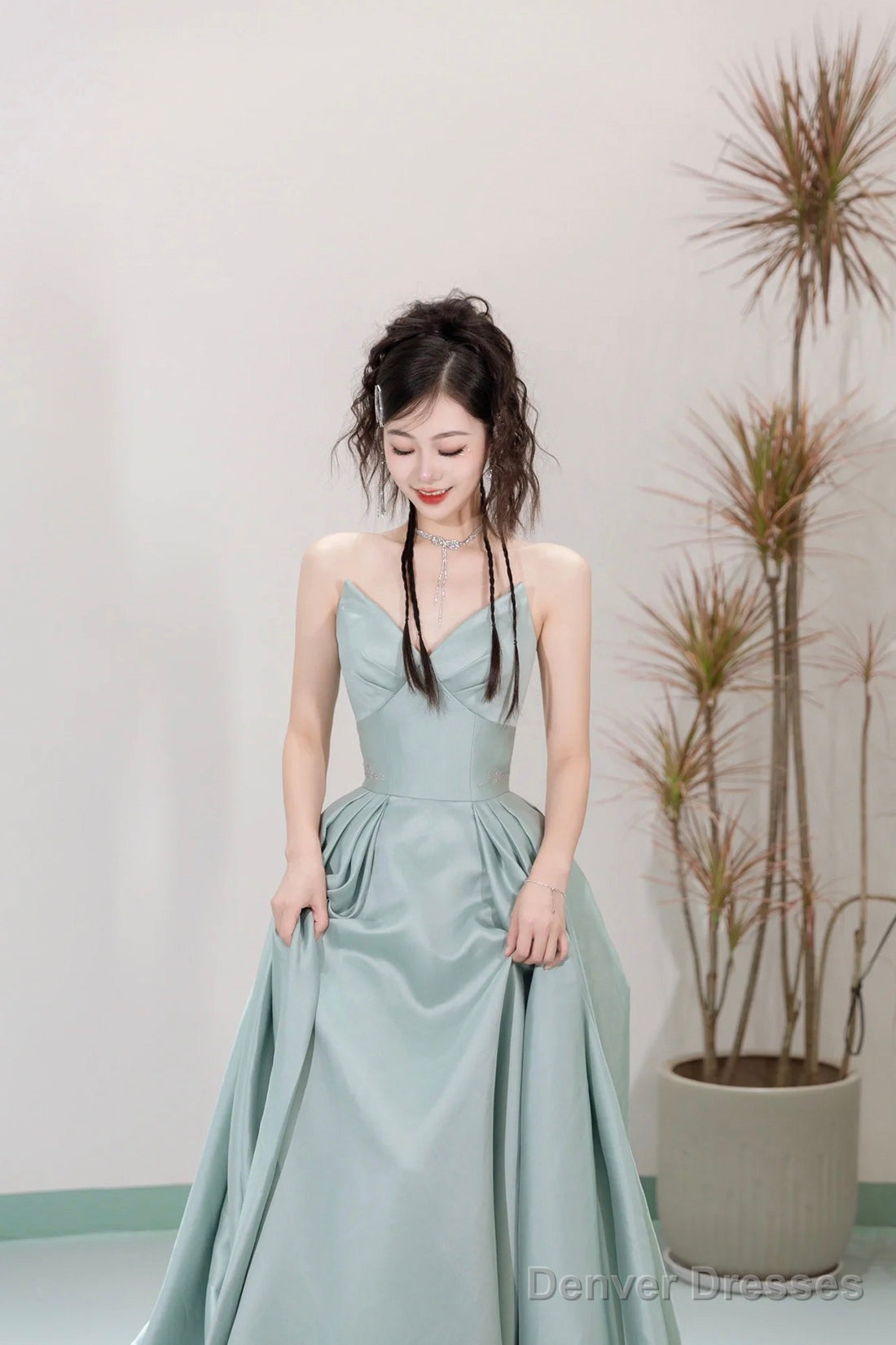 Unique Satin Floor Length Prom Dress, A-Line Strapless Formal Evening Dress
