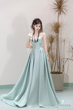 Unique Satin Floor Length Prom Dress, A-Line Strapless Formal Evening Dress