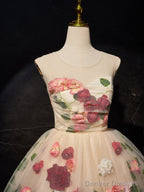 Unique Scoop Neckline Tulle Flower Champagne Short Prom Dress, Cute Formal Dress