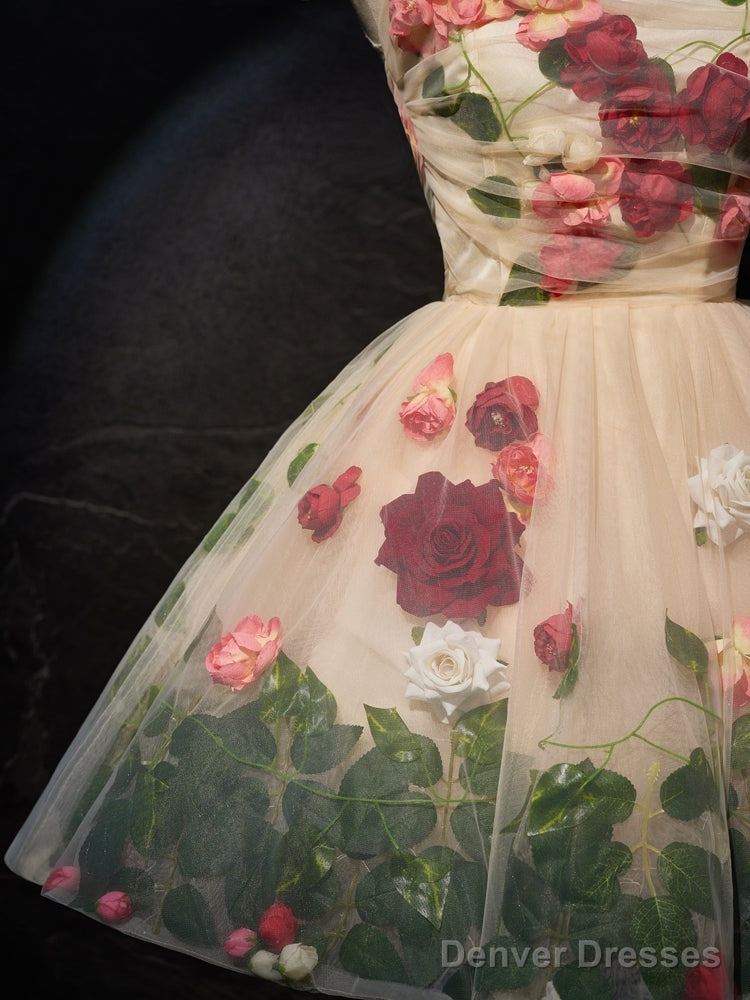 Unique Scoop Neckline Tulle Flower Champagne Short Prom Dress, Cute Formal Dress