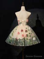 Unique Scoop Neckline Tulle Flower Champagne Short Prom Dress, Cute Formal Dress