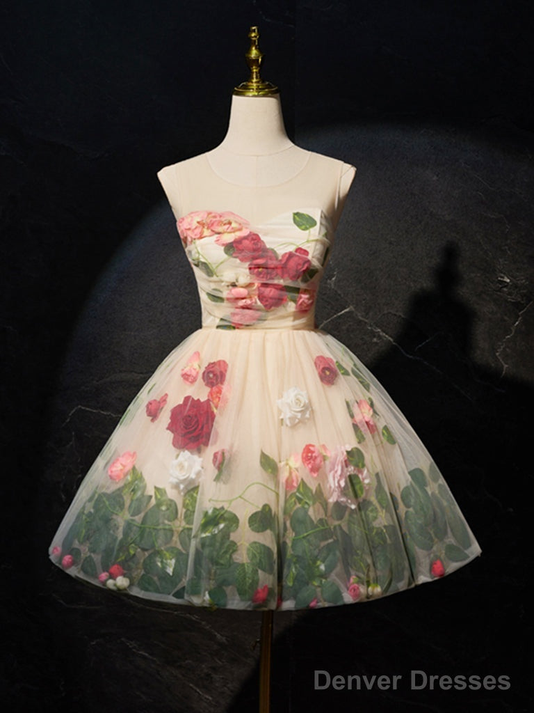 Unique Scoop Neckline Tulle Flower Champagne Short Prom Dress, Cute Formal Dress Main image