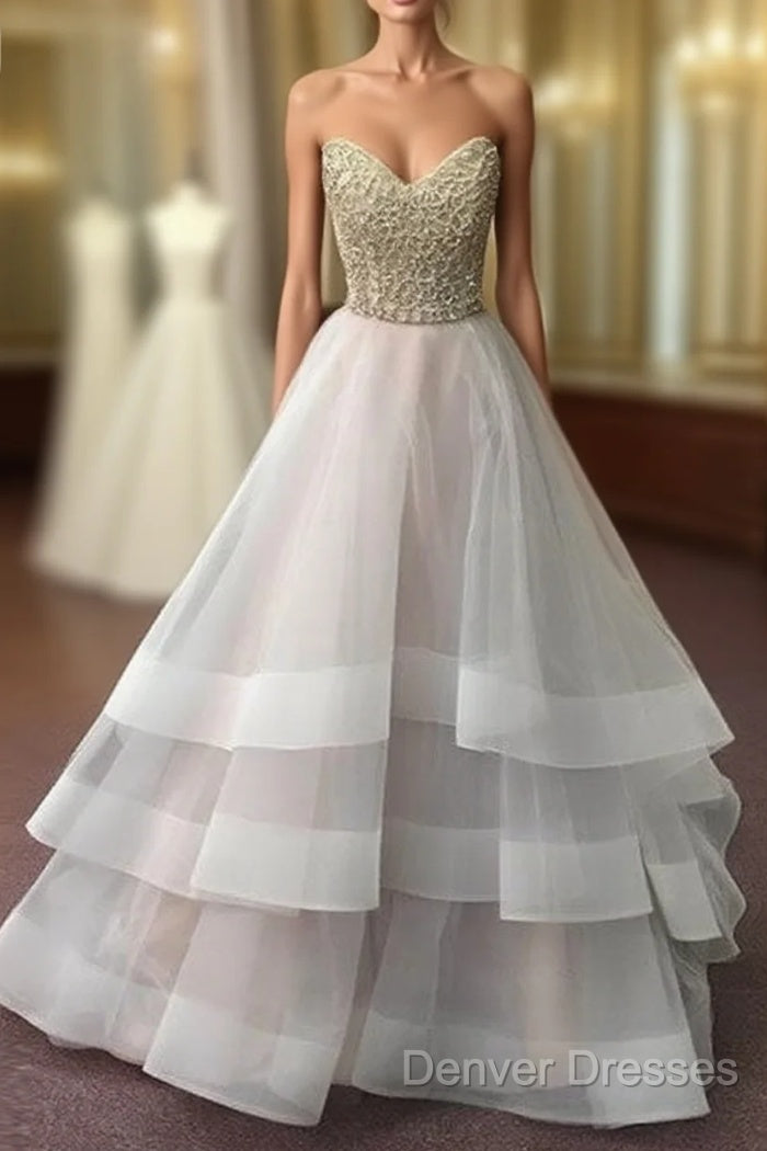 Unique Sequin Gray Tulle Prom Dress, Long Gray Evening Dress