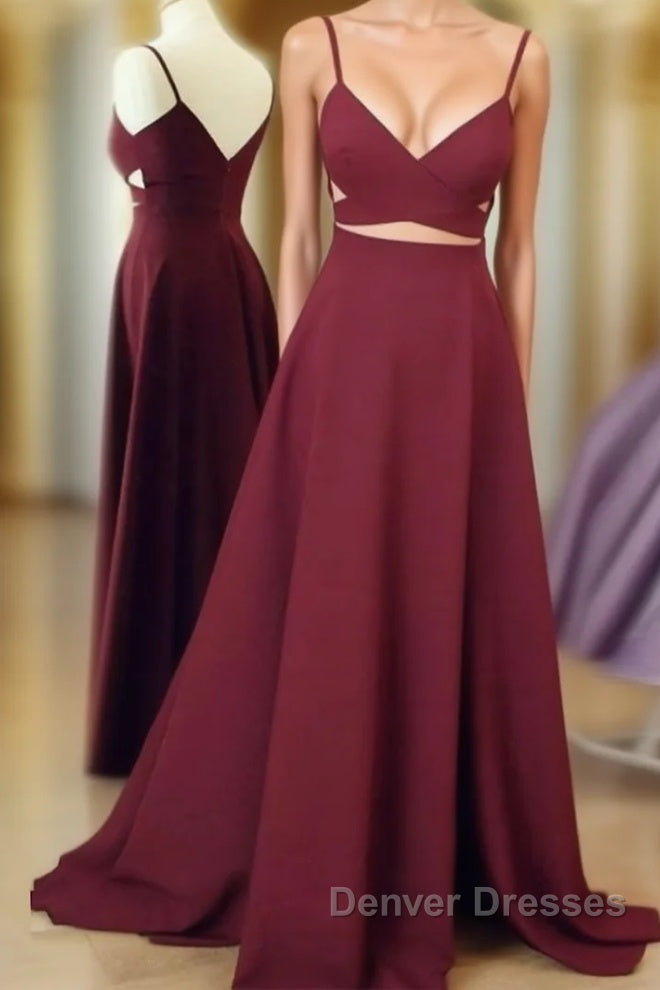 Unique Sexy Two Pieces Long Burgundy Prom Dress, Burgundy Evening Dress
