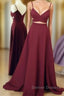 Unique Sexy Two Pieces Long Burgundy Prom Dress, Burgundy Evening Dress