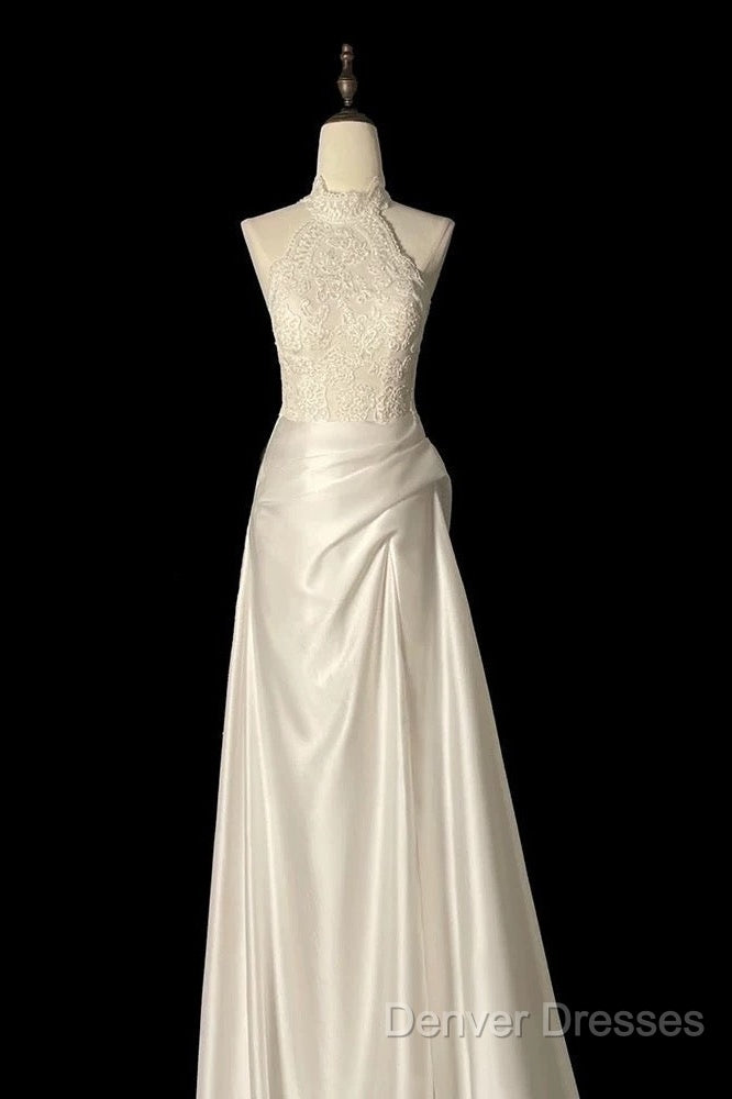 Unique Sheath High Neckline Satin Lace Ivory Wedding Dress Secondary image