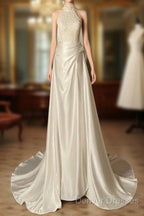 Unique Sheath High Neckline Satin Lace Ivory Wedding Dress