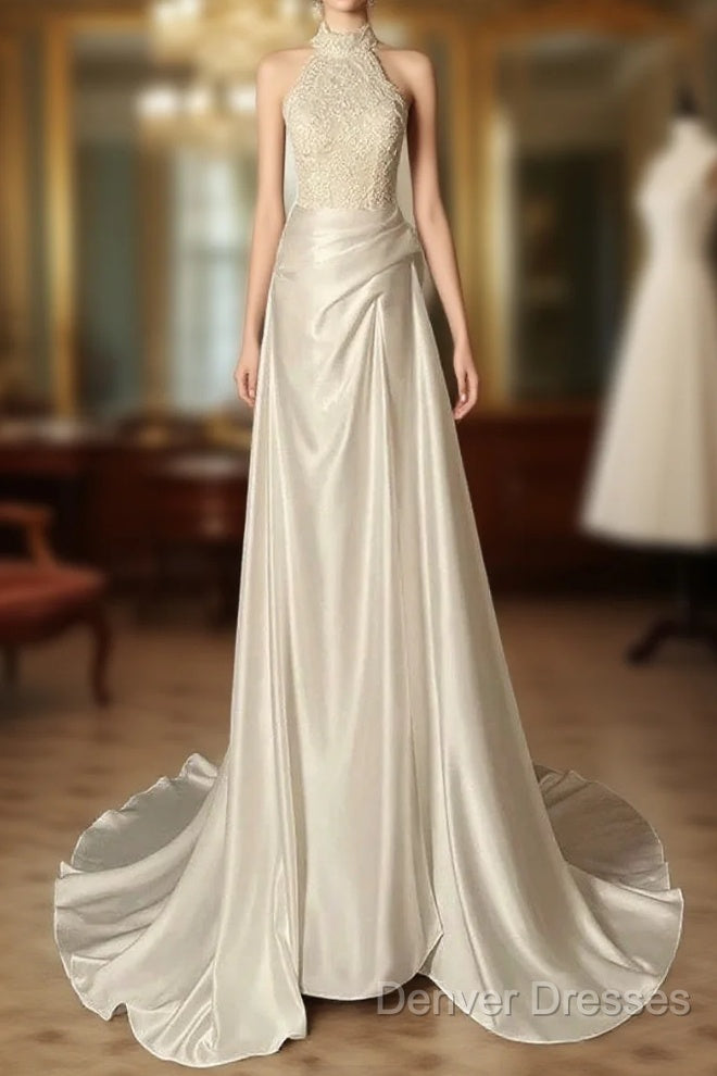 Unique Sheath High Neckline Satin Lace Ivory Wedding Dress