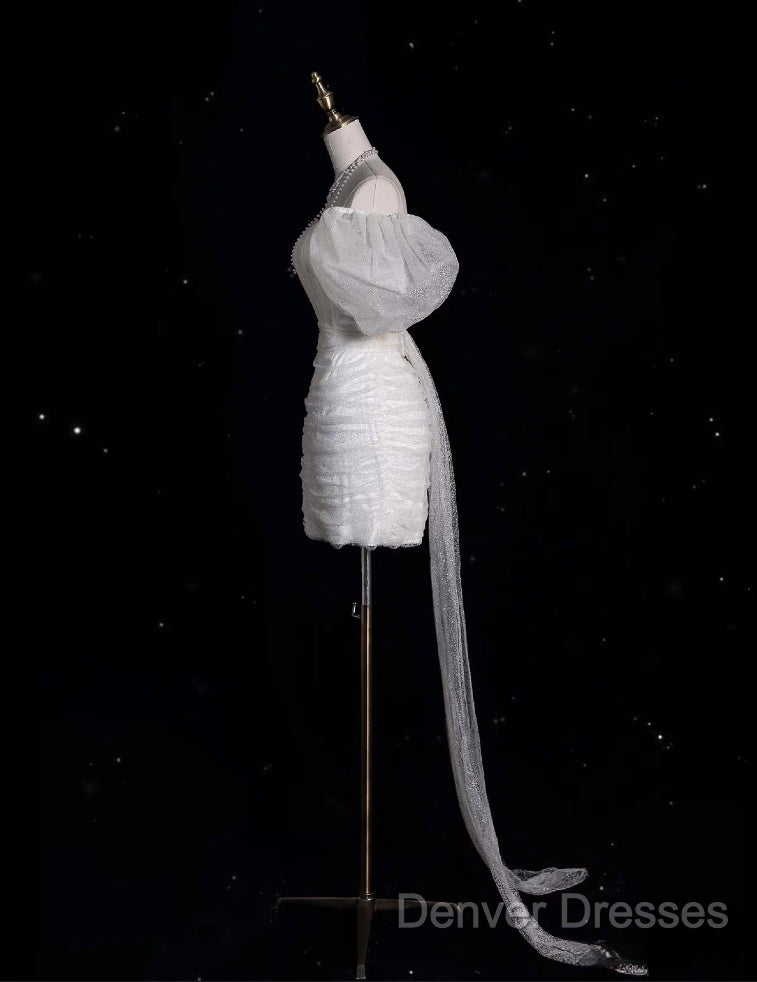 Unique Sheath Off The Shoulder Sequin Short Sleeves White Wedding Dress Brides Dress Secondary image