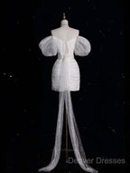 Unique Sheath Off The Shoulder Sequin Short Sleeves White Wedding Dress Brides Dress