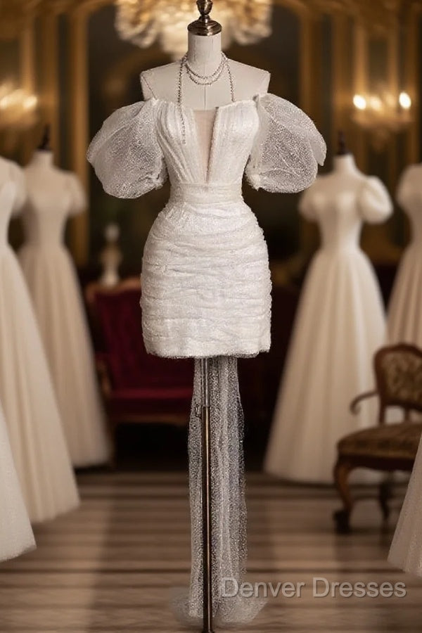 Unique Sheath Off The Shoulder Sequin Short Sleeves White Wedding Dress Brides Dress Main image