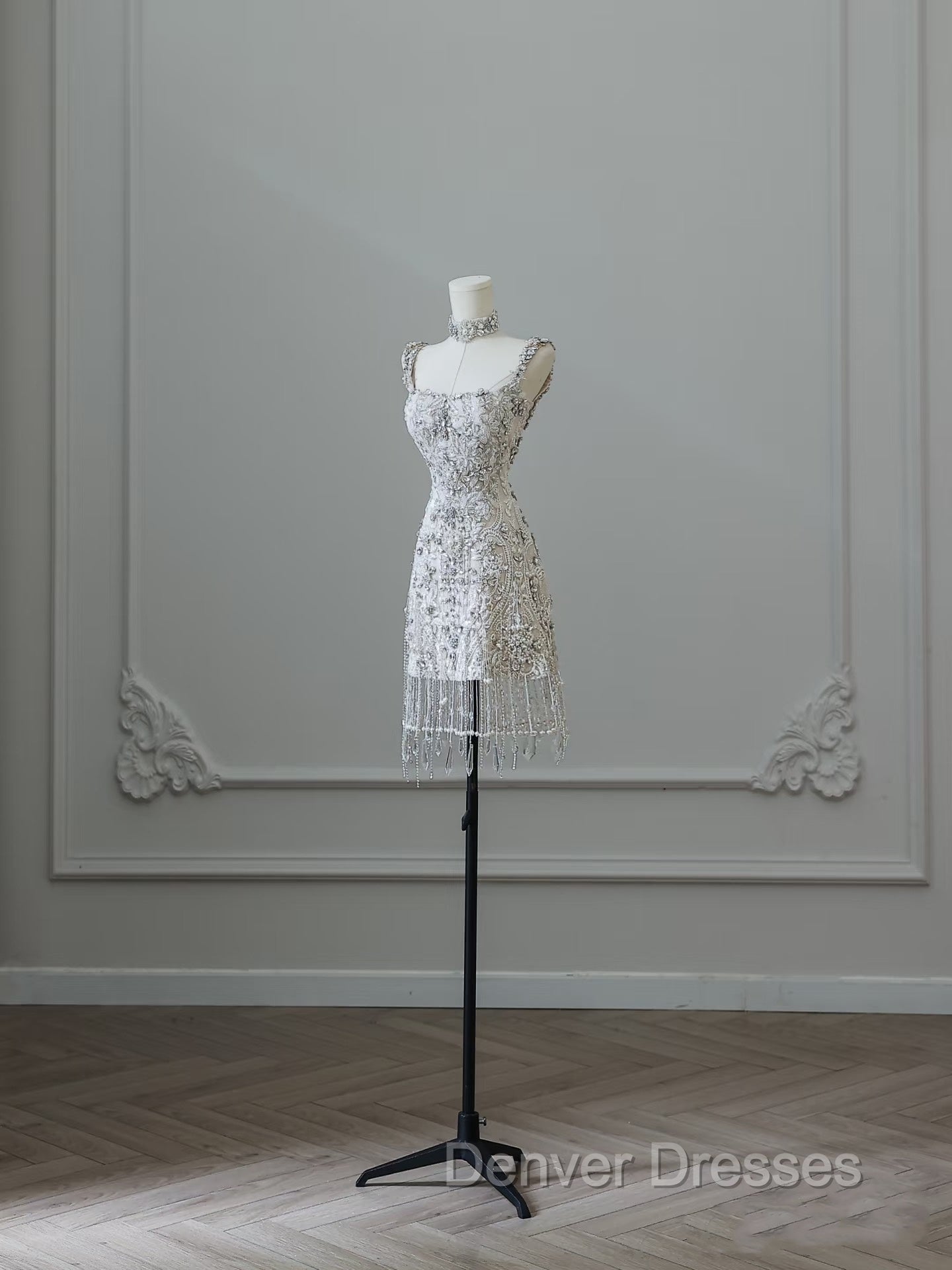 Unique Sheath Spaghetti Straps Silver Wedding Dress Brides Dress Secondary image