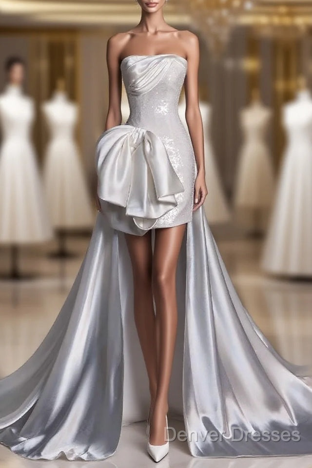 Unique Sheath Strapless Sequin Short White Wedding Dress Brides Dress Main image