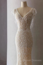 Unique Sheath V Neckline Cap Sleeves Lace Ivory Wedding Dress