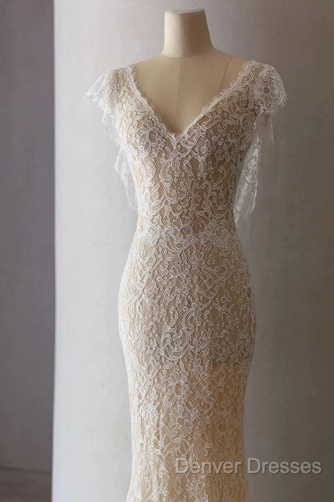 Unique Sheath V Neckline Cap Sleeves Lace Ivory Wedding Dress
