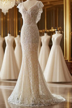 Unique Sheath V Neckline Cap Sleeves Lace Ivory Wedding Dress