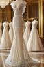 Unique Sheath V Neckline Cap Sleeves Lace Ivory Wedding Dress