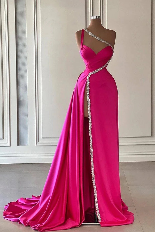 Unique Silver Beaded High Split Court Train Mermaid One Shoulder Prom Dresses Main image