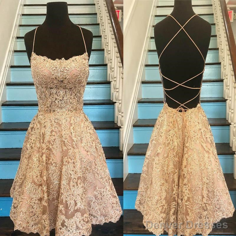 Unique Spaghetti Straps Crisscross Back A-Line Short Homecoming Dresses, Gold Lace Homecoming Dresses Secondary image