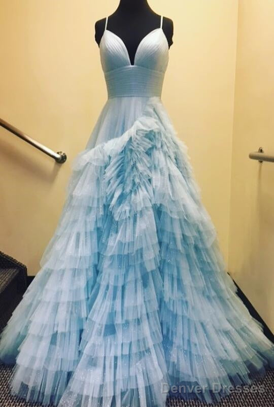 Unique Spaghetti Straps Tulle Prom Dresses With Ruffle Skirt
